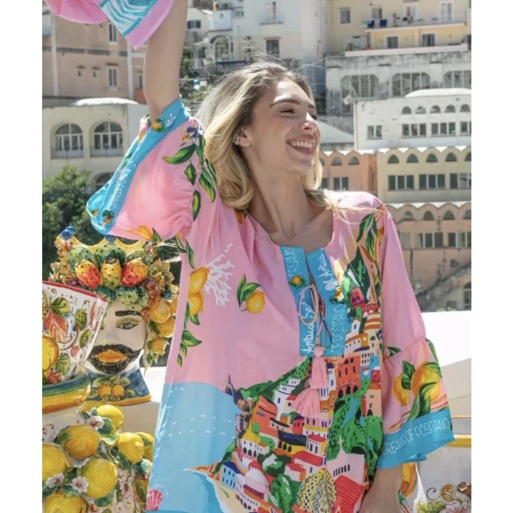 Antica Sartoria Capri by the sea Pink blue Colorful Printed Blouse NWT O/S - Picture 3 of 4